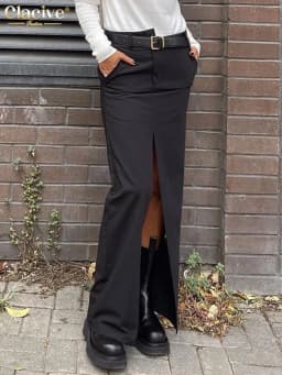 Clacive Fashion Black Office Skirts For Women 2023 Elegant High Waist Slit Long Skirt Faldas Casual Chic Skirt Female Clothing