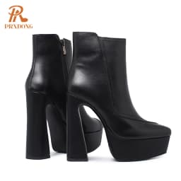 PRXDONG Brand Genuine Leather Women's Ankle Boots Sexy High Heels Thick Platform Black Beige Dress Party Office Lady SHoes 34-40