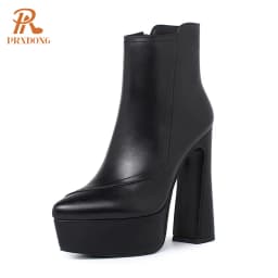PRXDONG Brand Genuine Leather Women's Ankle Boots Sexy High Heels Thick Platform Black Beige Dress Party Office Lady SHoes 34-40
