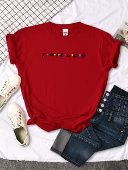 Creative Friends Letter Print T-Shirt Womens Casual Tees Japan Harajukua Style Loose Round Neck Clothing Girl Slim Funny Tshirt