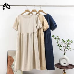 Original Casual Cotton Linen Dress Vintage Round Neck Short Sleeve High Waist Summer Dress Hoilday Beach Sundress Women Vestidos
