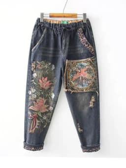 Amax luluE Spring British Denim Printed Harem Pants Womens Loose Casual Jeans Female Harajuku Floral Trousers Vintage Pantalons