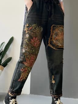 Amax luluE Spring British Denim Printed Harem Pants Womens Loose Casual Jeans Female Harajuku Floral Trousers Vintage Pantalons