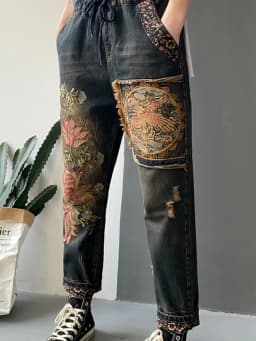 Amax luluE Spring British Denim Printed Harem Pants Womens Loose Casual Jeans Female Harajuku Floral Trousers Vintage Pantalons