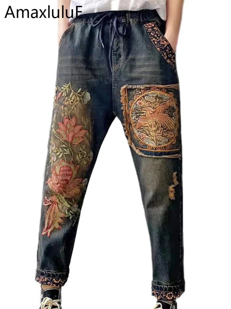 Amax luluE Spring British Denim Printed Harem Pants Womens Loose Casual Jeans Female Harajuku Floral Trousers Vintage Pantalons