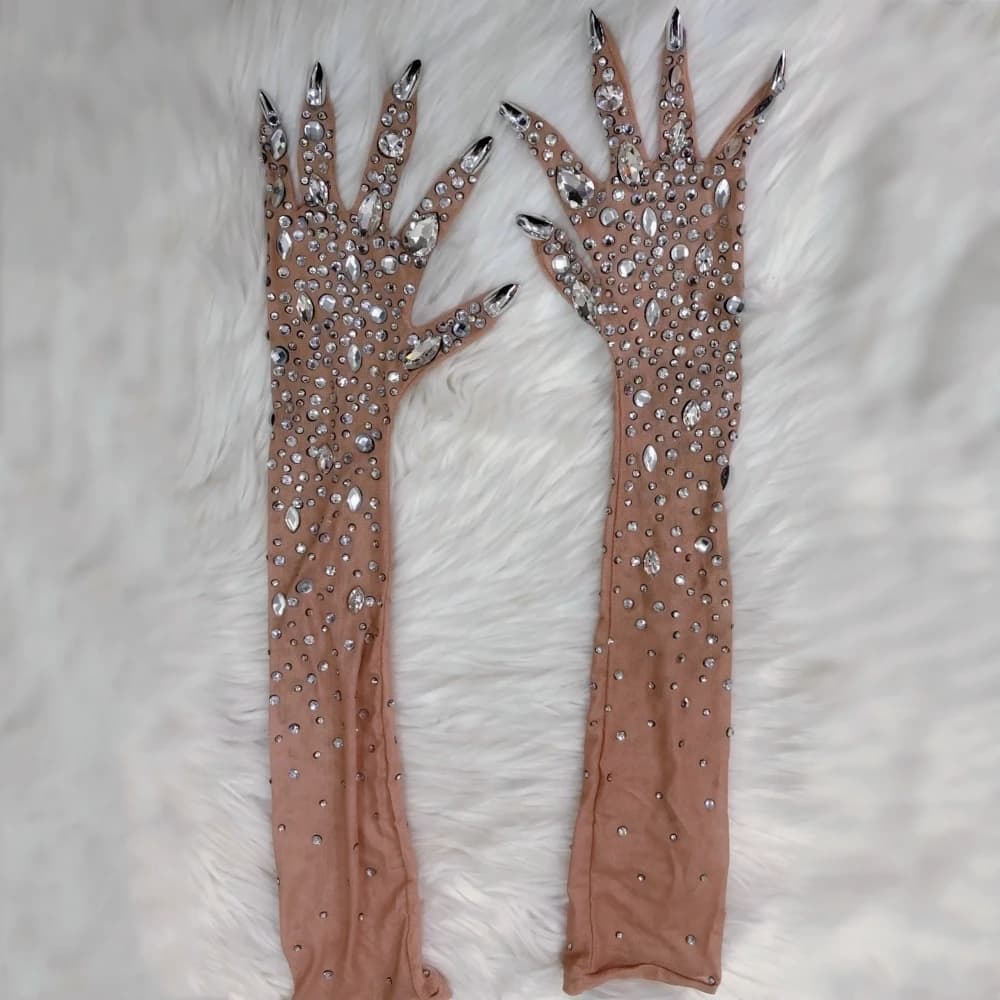Sparkly Crystal Long Gloves Stretch Rhinstones Gloves Dancer Singer Nightclub Stage Wear