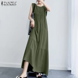 ZANZEA 2023 Stylish Women's Ruffle Sundress Solid Summer Dress Casual Sleeveless Maxi Vestidos Female O neck Robe Oversized