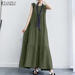 ZANZEA 2023 Stylish Women's Ruffle Sundress Solid Summer Dress Casual Sleeveless Maxi Vestidos Female O neck Robe Oversized