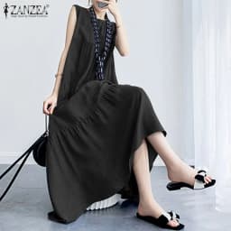 ZANZEA 2023 Stylish Women's Ruffle Sundress Solid Summer Dress Casual Sleeveless Maxi Vestidos Female O neck Robe Oversized