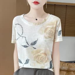 Spring And Summer New Round Neck Knitted Short Sleeve T-shirt Women's Printed Loose Bottoming Top