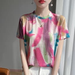 Spring And Summer New Round Neck Knitted Short Sleeve T-shirt Women's Printed Loose Bottoming Top