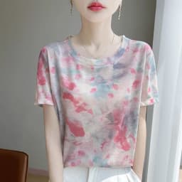 Spring And Summer New Round Neck Knitted Short Sleeve T-shirt Women's Printed Loose Bottoming Top