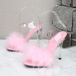 Feather Sandals Women Furry High Heels Ankle Plush Sandals Woman Transparent Heels With Fur Stripper Heeled Sandal Women Evening