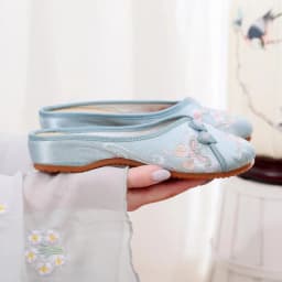 Ethnic Embroidered Satin Slippers for Women Summer Vintage Slides Ladies Dress Shoes Female Closed Toe Backless Sandals