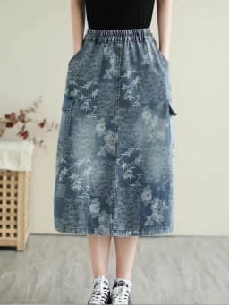 Amax luluE British 2024 Summer New Fashion Women Denim Printed Skirts Ladies Elastic Loose Skirt Female Casual Vintage Clothing
