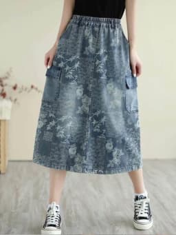 Amax luluE British 2024 Summer New Fashion Women Denim Printed Skirts Ladies Elastic Loose Skirt Female Casual Vintage Clothing