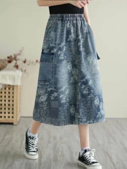 Amax luluE British 2024 Summer New Fashion Women Denim Printed Skirts Ladies Elastic Loose Skirt Female Casual Vintage Clothing