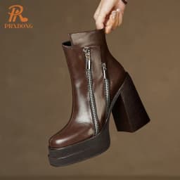 PRXDONG 2023 Classic Women Ankle Boots Dress Working Autumn Winter Casual Thick High Heels Genuine Leather Shoes Woman Size 39