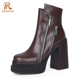PRXDONG 2023 Classic Women Ankle Boots Dress Working Autumn Winter Casual Thick High Heels Genuine Leather Shoes Woman Size 39