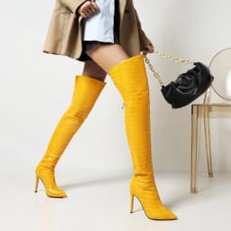 Stone Pattern Yellow Super High Stiletto Heel Over-The-Knee Women's Boots, Back Zipper Pointed Toe Sexy Plus Size Long Boots