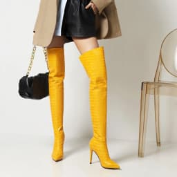 Stone Pattern Yellow Super High Stiletto Heel Over-The-Knee Women's Boots, Back Zipper Pointed Toe Sexy Plus Size Long Boots