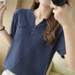 100% cotton summer V-neck short-sleeved knitted T-shirt Ladies casual loose half-sleeved top solid color wild pullover