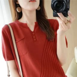 100% cotton summer V-neck short-sleeved knitted T-shirt Ladies casual loose half-sleeved top solid color wild pullover