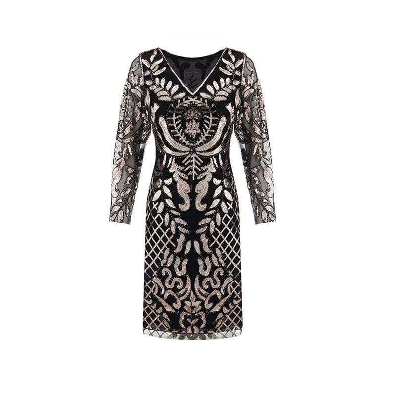 V-neck Long-Sleeve Tulle Embroider Evening Beaded Art Dec Dress Elegant Vintage 1920s Party Dress Great Gatsby Sequin Dress