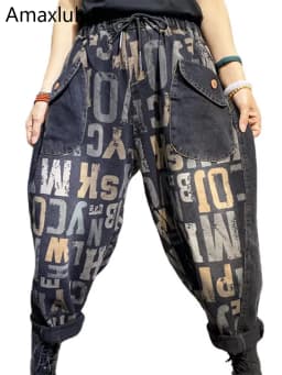 Amax luluE Design 2025 Letter Printed Loose Jeans 2025 Women Harajuku Elastic Hip Hop Denim Trousers Ladies Casual Harem Pants