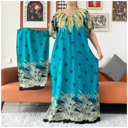 2 Pieces African Dashiki Floral Printing Loose Cotton Caftan Lady Summer Maxi Casual Dresses With Scarf Vestidos Short Sleeve