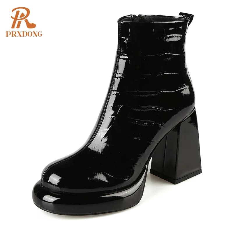 PRXDONG New Women's Square High Heels Genuine Cow Leather Luxury Shoes Fashion Comfortable Round Toe Ankle Boots Autumn Winter
