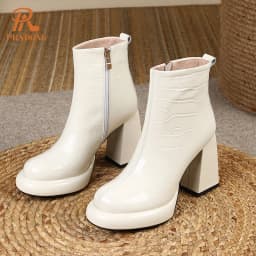 PRXDONG New Women's Square High Heels Genuine Cow Leather Luxury Shoes Fashion Comfortable Round Toe Ankle Boots Autumn Winter