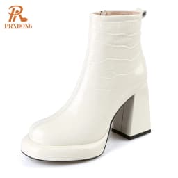 PRXDONG New Women's Square High Heels Genuine Cow Leather Luxury Shoes Fashion Comfortable Round Toe Ankle Boots Autumn Winter