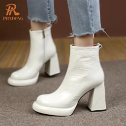 PRXDONG New Women's Square High Heels Genuine Cow Leather Luxury Shoes Fashion Comfortable Round Toe Ankle Boots Autumn Winter