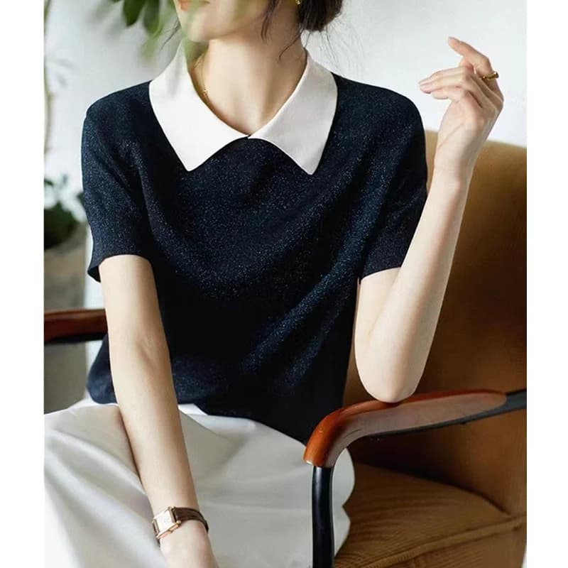 Summer all-match bright collar ice silk knit short sleeve cotton thread half sleeve thin loose T shirt for women slim top