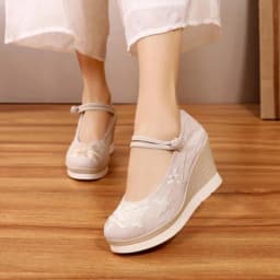 Vintage Embroidered Cotton Fabric Women Wedge Pumps Platform Mary Jane High Heels Ladies Spring Summer Sandals Retro Dance Shoes