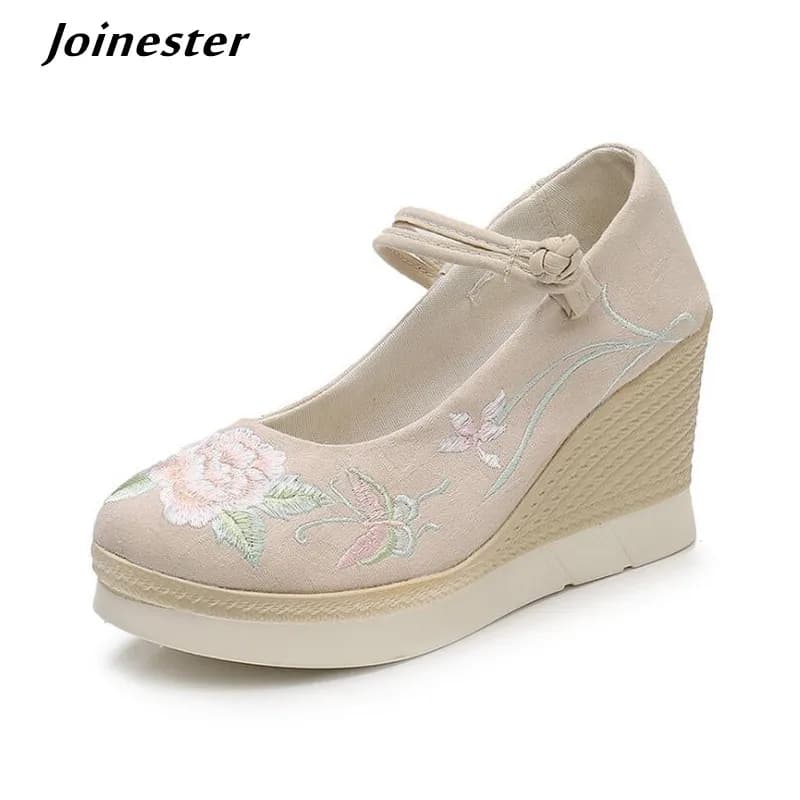 Vintage Embroidered Cotton Fabric Women Wedge Pumps Platform Mary Jane High Heels Ladies Spring Summer Sandals Retro Dance Shoes