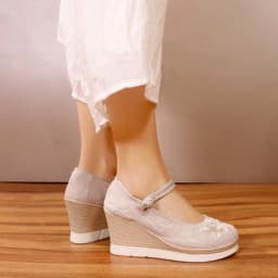 Vintage Embroidered Cotton Fabric Women Wedge Pumps Platform Mary Jane High Heels Ladies Spring Summer Sandals Retro Dance Shoes
