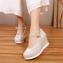 Vintage Embroidered Cotton Fabric Women Wedge Pumps Platform Mary Jane High Heels Ladies Spring Summer Sandals Retro Dance Shoes