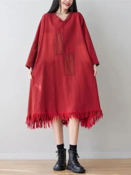 Amax luluE 2024 Spring Womens Loose Leisure V-Neck Dresses Ladies Tassel Design Long Vestidos Vintage Oversized Denim Streetwear