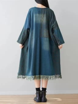 Amax luluE 2024 Spring Womens Loose Leisure V-Neck Dresses Ladies Tassel Design Long Vestidos Vintage Oversized Denim Streetwear