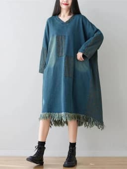 Amax luluE 2024 Spring Womens Loose Leisure V-Neck Dresses Ladies Tassel Design Long Vestidos Vintage Oversized Denim Streetwear