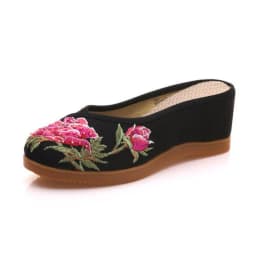 Women Canvas Embroider Wedges Slippers Ladies Vintage Summer Shoe Backless Closed toe Sandals for Girls Retro Slides Beach Shoes