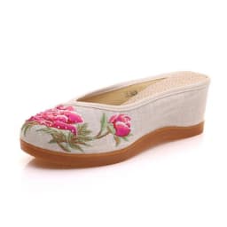 Women Canvas Embroider Wedges Slippers Ladies Vintage Summer Shoe Backless Closed toe Sandals for Girls Retro Slides Beach Shoes