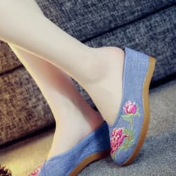 Women Canvas Embroider Wedges Slippers Ladies Vintage Summer Shoe Backless Closed toe Sandals for Girls Retro Slides Beach Shoes