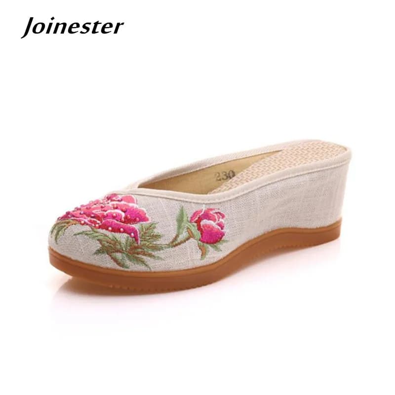 Women Canvas Embroider Wedges Slippers Ladies Vintage Summer Shoe Backless Closed toe Sandals for Girls Retro Slides Beach Shoes