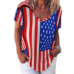 American Flag Red Blue T-Shirts Faux Sparkles Glitters Trendy Casual V Neck T Shirt Short Sleeve Kawaii Oversize Tees Print Tops