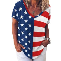 American Flag Red Blue T-Shirts Faux Sparkles Glitters Trendy Casual V Neck T Shirt Short Sleeve Kawaii Oversize Tees Print Tops