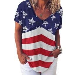 American Flag Red Blue T-Shirts Faux Sparkles Glitters Trendy Casual V Neck T Shirt Short Sleeve Kawaii Oversize Tees Print Tops