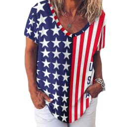 American Flag Red Blue T-Shirts Faux Sparkles Glitters Trendy Casual V Neck T Shirt Short Sleeve Kawaii Oversize Tees Print Tops
